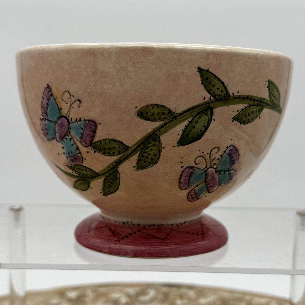 Sanyo Birds and The Bees Footed Bowl Butterflies By Sue Lipkin Pink Purple Blue
